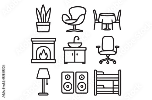 Basic RGBa collection of line icons featuring various home furniture and appliances, including a chair, table, fireplace, and lamp, useful for design and decoration concepts