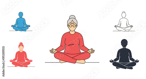 Set of five colorful silhouette and outline illustrations showing a calm elderly woman practicing yoga and meditation in the lotus position.