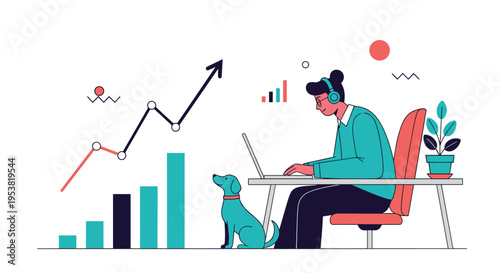 Productive woman working on her laptop at home with her loyal dog sitting by her side against a background of positive financial growth charts.