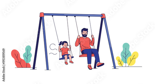 Heartwarming illustration of a happy father and his young daughter enjoying a fun time together on a colorful swing set in a park setting.