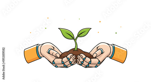 Powerful conceptual illustration of robotic hands carefully holding a young green sprout in a pile of soil to represent environmental technology.