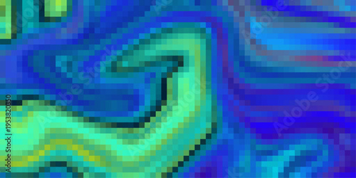 Flowing abstract pixel art with swirling blue and green gradient bands and organic wavy lines background