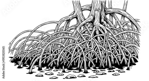 Mangrove Tree Stilt Roots Line Art Illustration