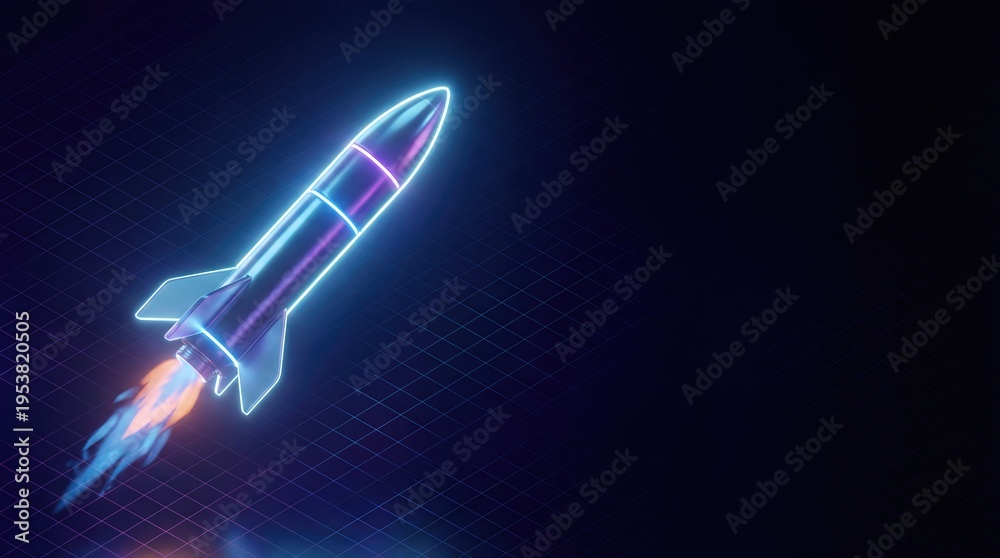 Fototapeta premium Neon Glowing Rocket Launching on Dark Grid Background with Copy Space