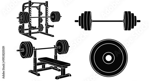 Gym Equipment Set: Power Rack, Bench Press, Barbell, Weight Plates - Fitness Icons