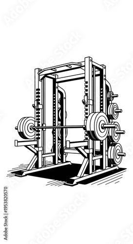 Gym Smith Machine with Barbell and Weight Plates, Fitness Equipment Illustration