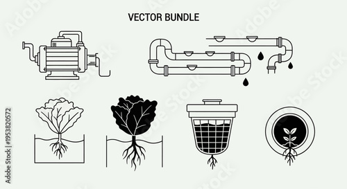 Hydroponic Farming Icons: Pump, Grow System, Plants, and Water Filter