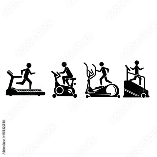 Gym Exercise Equipment Icons Set with People Working Out