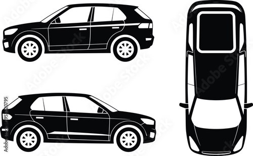Black silhouette illustration showing car from multiple perspectives including side view and top view, highlighting vehicle design, body shape, and technical visualization details.
