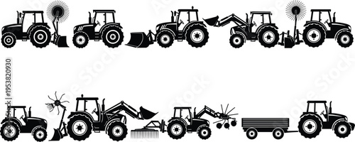 Black silhouette illustration showing multiple tractors equipped with diverse agricultural attachments including plows, rakes, loaders, harrows, and trailers used in modern farming operations.