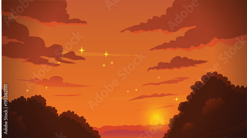 2D animated cartoon illustration, cinematic style, , warm sunset lighting, soft shadows, smooth hand-drawn lines, rich warm color palette, storytelling style, sunset vector