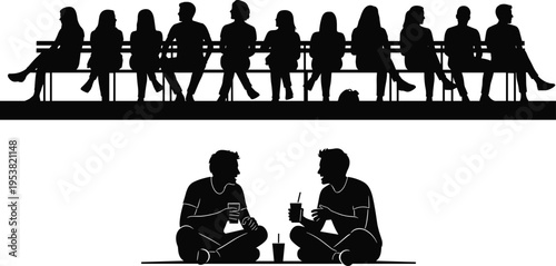 Black silhouette illustration of group sitting on bench and two people conversing with drinks, symbolizing social interaction, leisure, community, and creative artwork projects