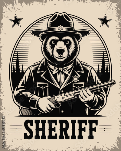 Cartoon grizzly bear dressed as a lawman with sheriff badge