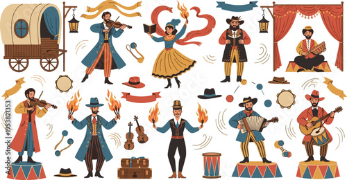 Vintage Circus Performers and Musicians Set with Acrobat Dancers Magicians Strongman and Clown Characters in Retro Carnival Vector Illustration Collection