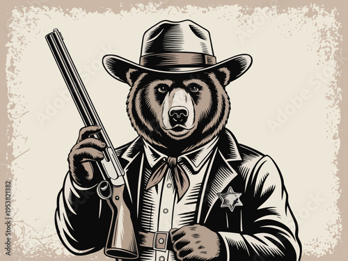 Cartoon grizzly bear dressed as a western sheriff with revolver
