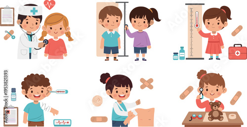 Children medical checkup and healthcare set, kids visiting doctor with vaccination bandage and examination scenes, pediatric care flat vector illustration collection