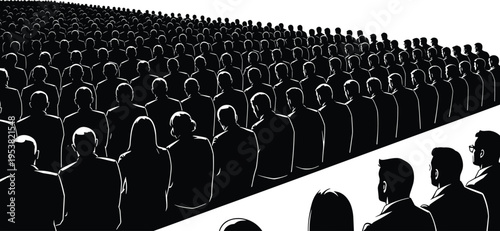 Black silhouette illustration of large crowd of people facing forward in rows, artwork concept for unity, conformity, social behavior, collective action, and organizational design projects