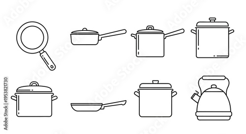Kitchen Utensils and Cookware Line Drawings.