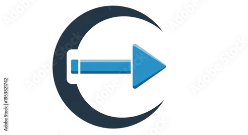 Blue Arrow Exiting a Dark Crescent Shape Illustration.