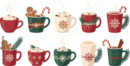 Christmas hot drinks mugs set with cocoa coffee and festive decorations, winter holiday beverages with candy cane gingerbread and pine elements vector illustration