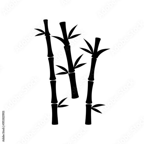 Elegant black silhouette of three bamboo stalks with delicate leaves on a clean white backdrop Vector, illustration