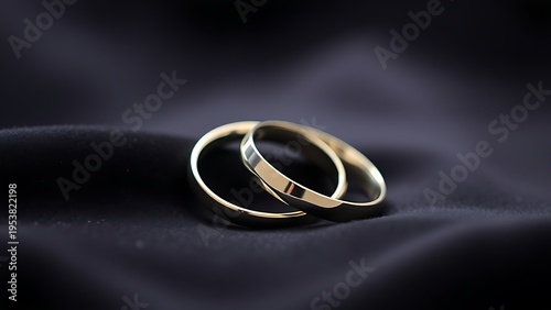 electroluminescence. Two silver wedding bands overlapping on dark velvet fabric. lifestyle magazines, social media lookbooks, designed for lifestyle magazines and social media content.