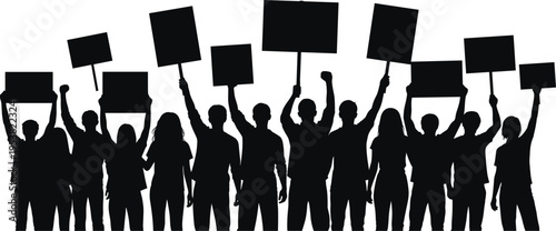 Black silhouette illustration of protest crowd holding blank signs, raising fists, symbolizing activism, collective action, social demonstration, unity, and 