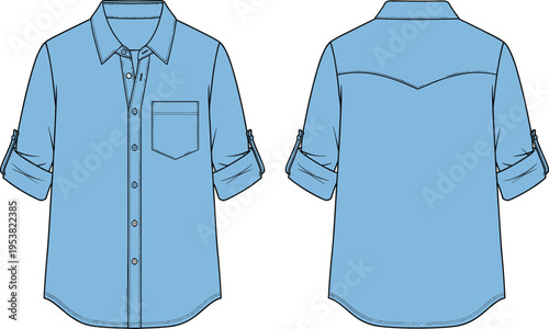 Blue short sleeve button down shirt vector template with front and back views, casual apparel design featuring pocket and rolled sleeves for fashion mockup use