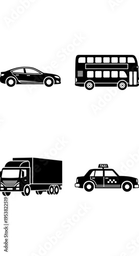 Set of Black Icons: Car, Double Decker Bus, Truck, and Taxi on White Background