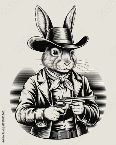 Cartoon rabbit outlaw in black cowboy outfit with bandana and revolver