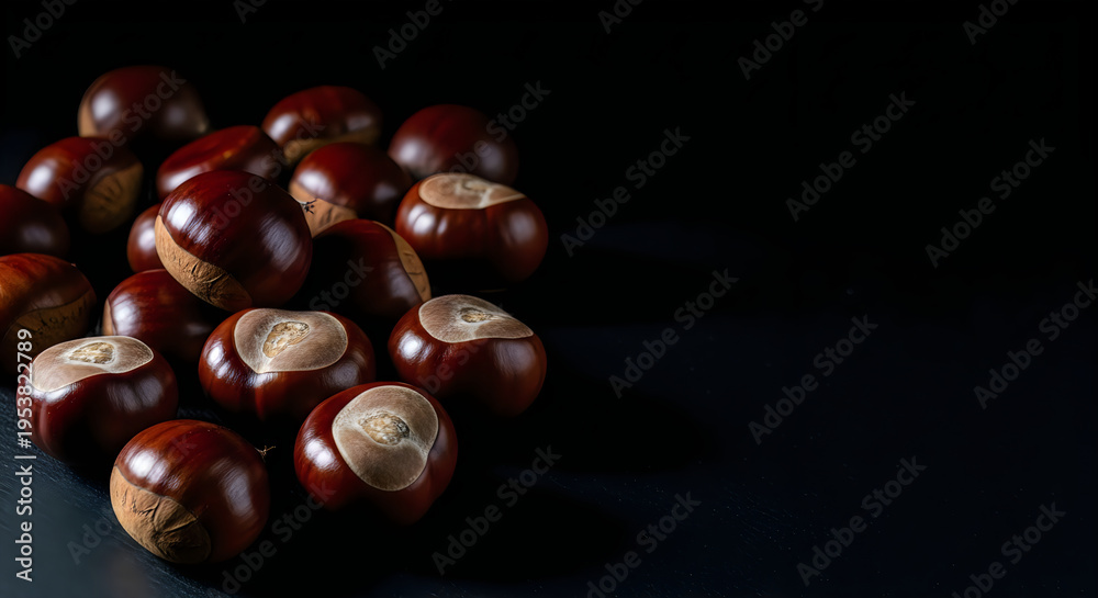 Obraz premium A pile of shiny brown chestnuts on a dark surface with some cut open to reveal the inside