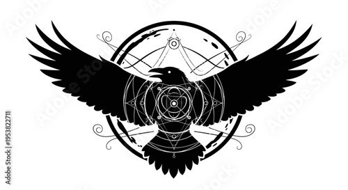 Mystical Raven Spreading Wings with Esoteric Symbolism