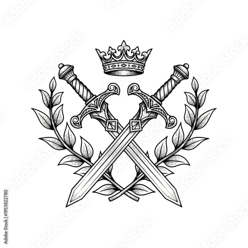 Royal Emblem: Crossed Swords, Crown, and Laurel Wreath - Heraldic Symbol of Power and Victory