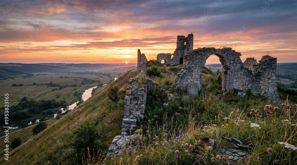 Fototapeta premium Ruins of an ancient castle on a hilltop during sunset