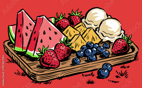 Eat well live well. Summer fruit platter with creamy scoops. Fresh berries, watermelon, and pineapple vintage t-shirt design. Organic food artwork.