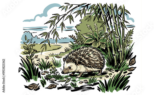 Little forest explorer. Wild nature artwork. Hedgehog walking in bamboo forest. Cute wildlife graphic print for posters, stickers and apparel.