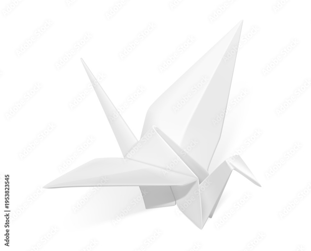 Fototapeta premium Realistic paper origami crane mockup. This is symbol, peace, hope, healing. Vector illustration isolated on white background. Ready for your design. EPS10.