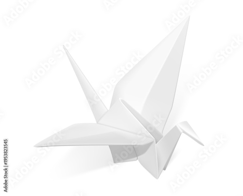 Realistic paper origami crane mockup. This is symbol, peace, hope, healing. Vector illustration isolated on white background. Ready for your design. EPS10.