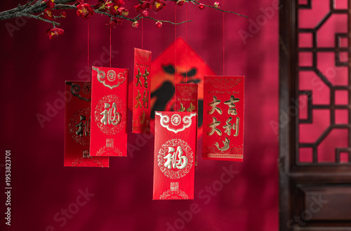 Photos Traditional Red Packets with Kanji Underneath Plum Blossoms