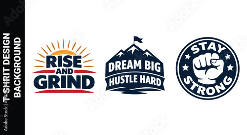 Minimalist blue and red motivational slogans rise and grind stay strong set