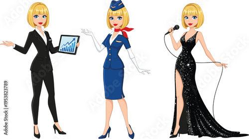 Cartoon-style illustration of three professional women in business suit, flight attendant uniform, and glamorous evening gown, symbolizing careers, fashion design, lifes