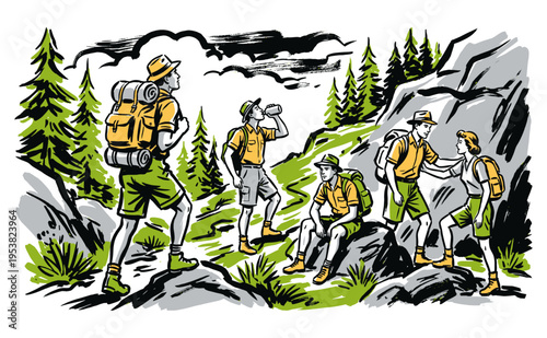 Say yes to adventure. Mountain trail trekking. Wilderness explore vintage print design. Nature hiking club. Go outside and explore the great wild.