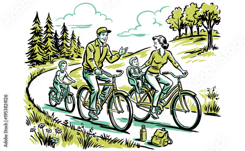 Family cycling adventure. Vintage outdoor life artwork. Weekend biking trip graphic print. Nature explore design. Summer recreation club art.
