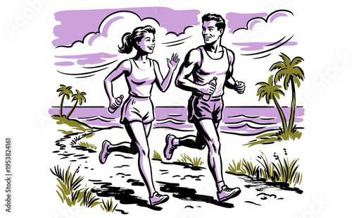 Beach run club. Tropical summer adventure. Healthy lifestyle artwork for poster, t-shirt design, and sport club graphic print.