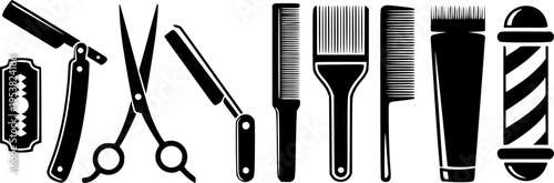 Black silhouette barber tools including razor comb brush clipper and barber pole