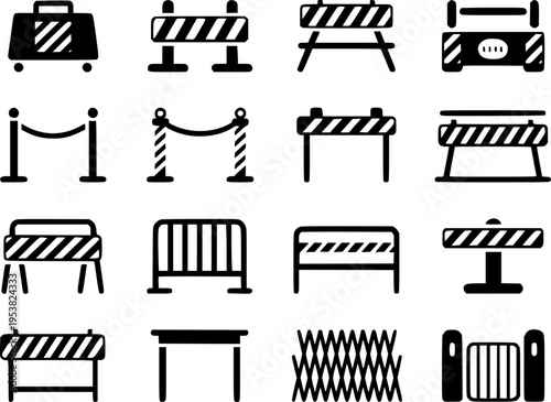 Collection of black and white representing traffic barriers crowd control stanchions and safety equipment