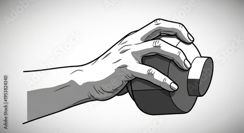 Hand gripping a cylindrical object with a lid, detailed sketch.