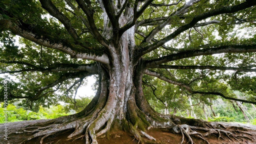 Obraz premium Wide trunked tree displaying sprawling roots in woodland