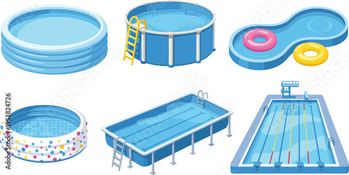 Collection of six swimming pool illustrations including inflatable, above‑ground, kidney‑shaped, rectangular, and Olympic designs, showcasing diverse recreational and competitive 