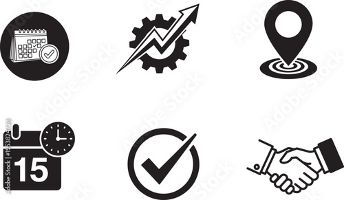 Set of business icons: calendar, growth, location, checkmark, and handshake on white background
